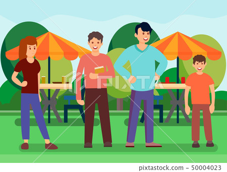 Friends in Outdoor Food Court Vector Illustration Friends in Outdoor Food Court Vector Illustration 50004023