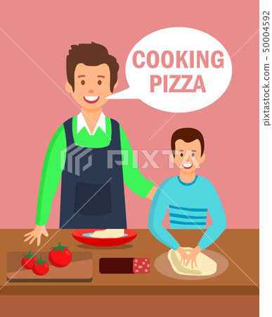 Dad and Son in Kitchen Flat Cartoon Illustration Dad and Son in Kitchen Flat Cartoon Illustration 50004592