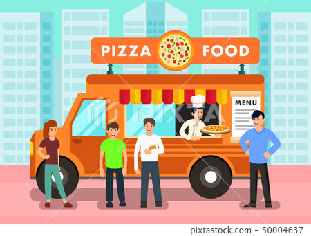 Food Truck in Modern City Vector Illustration Food Truck in Modern City Vector Illustration 50004637
