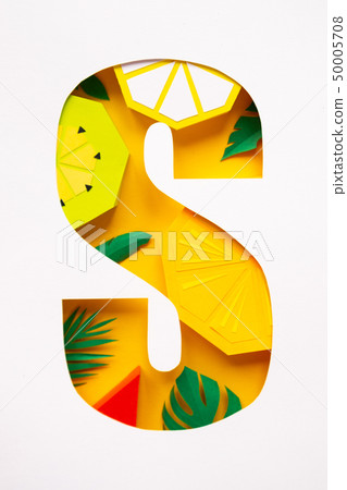 letter s cut from paper with tropical fruit paper 50005708