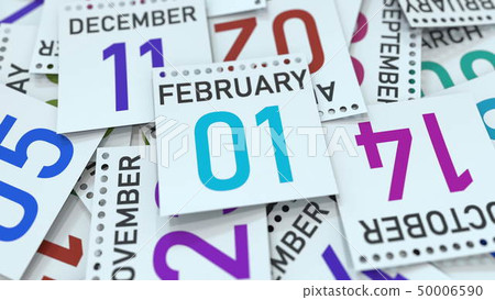 Calendar page shows February 1 date, 3D rendering 50006590