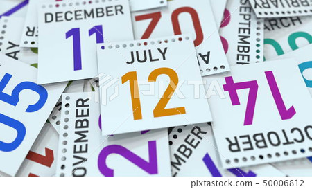 July 12 date on calendar leaf. 3D rendering July 12 date on calendar leaf. 3D rendering 50006812