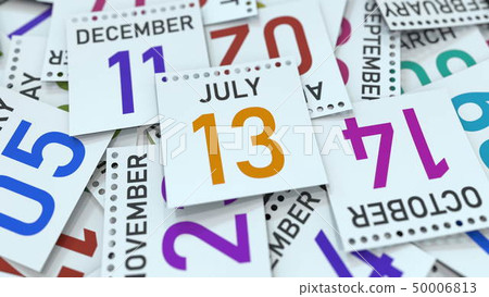Calendar page shows July 13 date, 3D rendering Calendar page shows July 13 date, 3D rendering 50006813