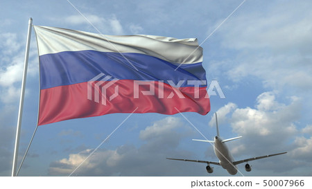 Airliner flying over waving flag of Russia. 3D rendering 50007966
