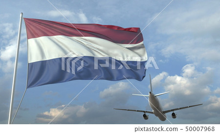 Airliner flying over waving flag of the Netherlands. 3D rendering 50007968