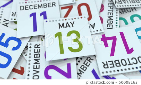 May 13 date on calendar page. 3D rendering May 13 date on calendar page. 3D rendering 50008162