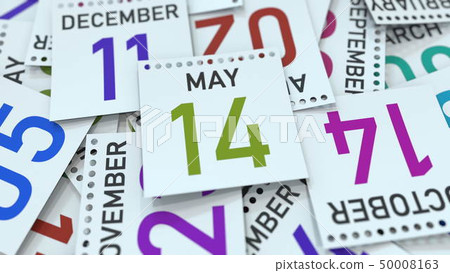 May 14 date on emphasized calendar page, 3D rendering May 14 date on emphasized calendar page, 3D rendering 50008163