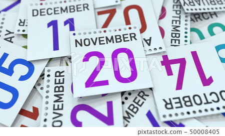 Calendar leaf with November 20 date, 3D rendering Calendar leaf with November 20 date, 3D rendering 50008405