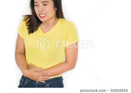 Woman stomach ache health care concept on white 50009956