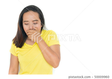 The woman wears a yellow shirt with a cough hand 50009960