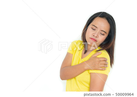 The woman wears a yellow shirt with pain on the The woman wears a yellow shirt with pain on the 50009964