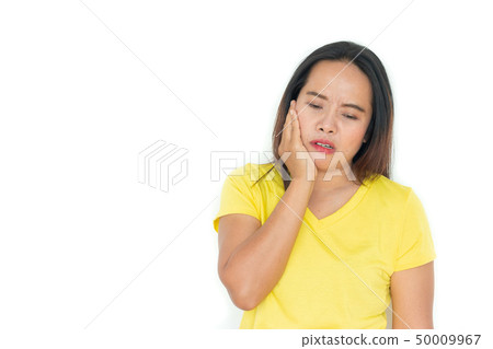 A woman wearing a yellow shirt, toothache, hand A woman wearing a yellow shirt, toothache, hand 50009967
