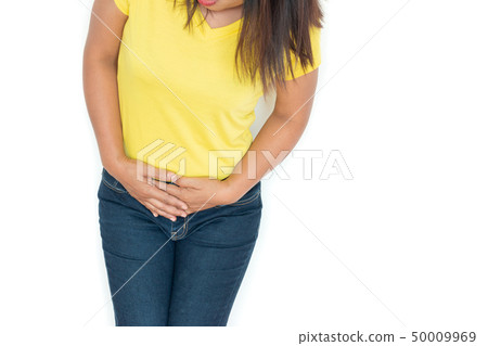 Woman stomach ache health care concept on white 50009969