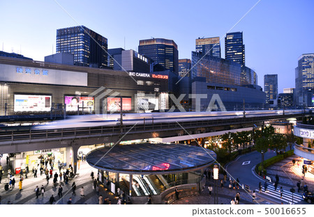 Tokyo cityscape in Japan Thank you very much .... Shinkansen running through Yurakucho Station 50016655