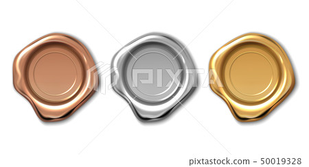 Golden wax stamp. Realistic letter label, 3d royal medieval certificate seal, quality guaranteed Golden wax stamp. Realistic letter label, 3d royal medieval certificate seal, quality guaranteed 50019328