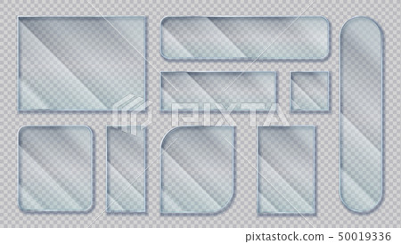 Realistic glass banners. Transparent window effect, clear acrylic shapes with glare reflections Realistic glass banners. Transparent window effect, clear acrylic shapes with glare reflections 50019336