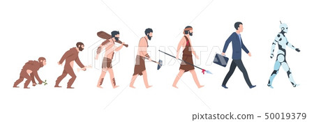 Human evolution. Monkey to businessman and cyborg cartoon concept, from ancient ape to man growth 50019379