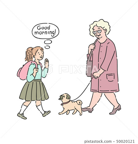 Vector Polite Kid Good Morning To Old Woman Stock Illustration 50020121 Pixta