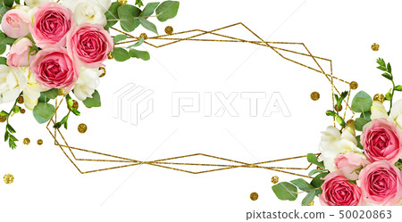 Eucalyptus leaves, freesia and pink rose flowers 50020863