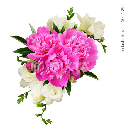 White freesia flowers and pink peonies in a 50021293