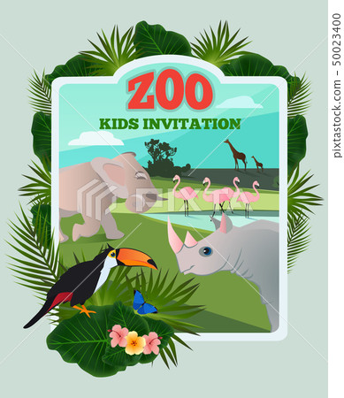 Invitation for kids party. Vector poster template with wild funny animals and place for your text Invitation for kids party. Vector poster template with wild funny animals and place for your text 50023400
