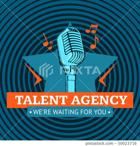 Vector talent agency logo, emblem with star and retro microphone on radio signal circles background Vector talent agency logo, emblem with star and retro microphone on radio signal circles background 50023716