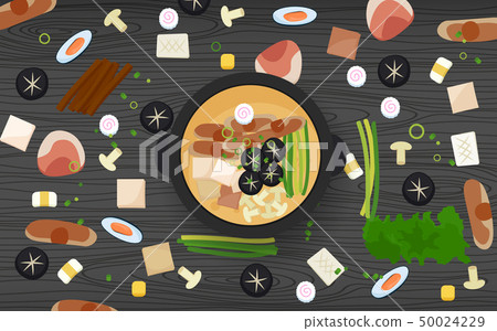 hotpot and ingredients on the wooden table hotpot and ingredients on the wooden table 50024229