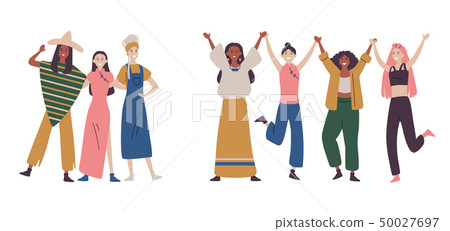 Happy women or girls standing together and holding hands 50027697
