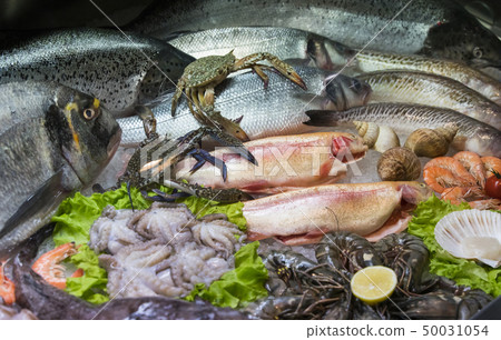 Background of fresh seafood fish clams crabs Background of fresh seafood fish clams crabs 50031054