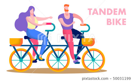 Happy Couple Riding Tandem Bike Flat Text Banner 50031199
