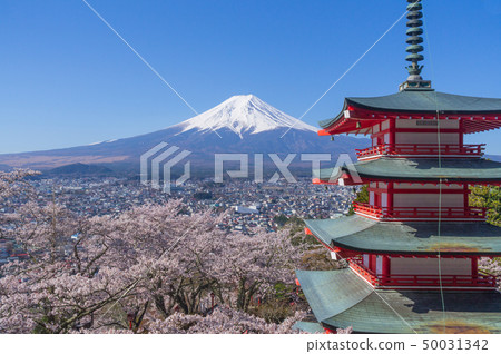 富士山，五層寶塔和櫻花 50031342