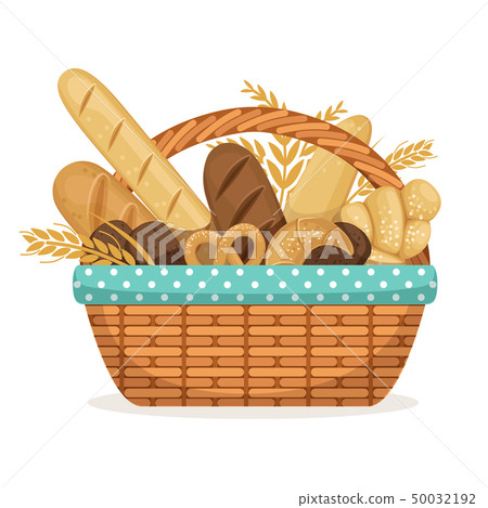 Vector illustration for bakery shop. Basket with wheat and fresh bread Vector illustration for bakery shop. Basket with wheat and fresh bread 50032192