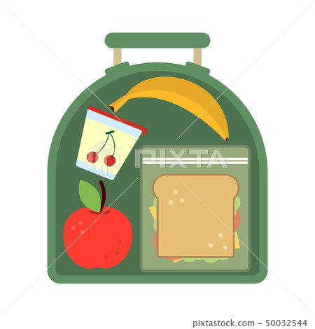Lunchbox with food. Meal, apple and sandwich. Healthy cartoon vector illustration 50032544