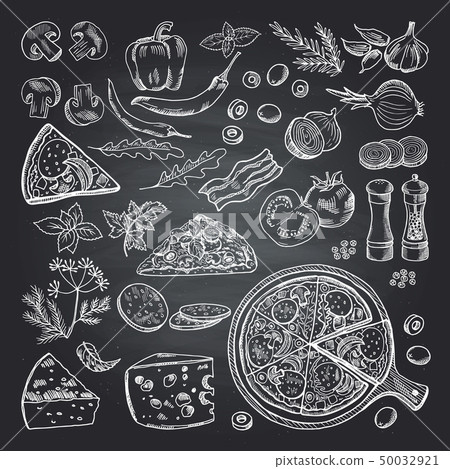 Illustrations of pizza ingredients on black chalkboard. Pictures set of italian kitchen 50032921