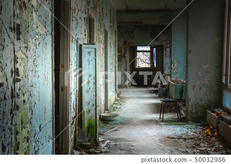 Abandoned corridor in Pripyat Hospital, Chernobyl Exclusion Zone 2019 Abandoned corridor in Pripyat Hospital, Chernobyl Exclusion Zone 2019 50032986