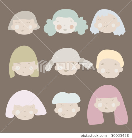 Mega set collections of cute kawaii girls faces. Isolated on brown background. Vector illustration Mega set collections of cute kawaii girls faces. Isolated on brown background. Vector illustration 50035458
