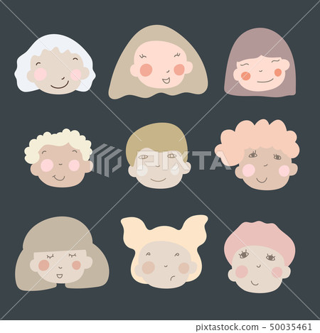 Mega set collections of cute girls faces. Isolated on dark background. Vector illustration. Can use Mega set collections of cute girls faces. Isolated on dark background. Vector illustration. Can use 50035461