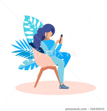 Girl Sitting in Chair with Phone Flat Illustration 50036933