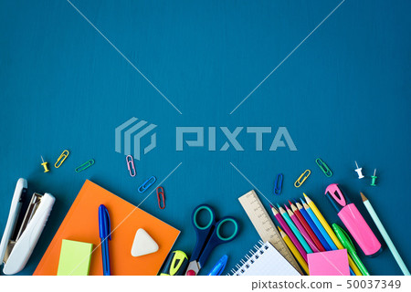 School supplies on blue background School supplies on blue background 50037349