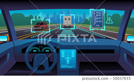 Future autonomous vehicle. Driverless car interior futuristic autonomous autopilot sensor system gps Future autonomous vehicle. Driverless car interior futuristic autonomous autopilot sensor system gps 50037655