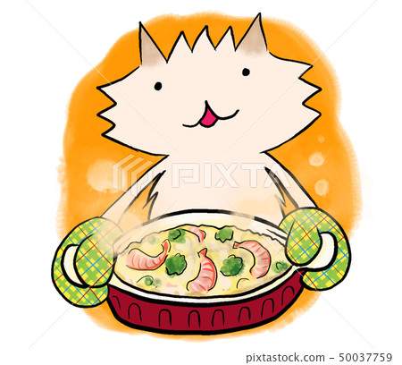 A dog holding a hot gratin in a potholder 50037759