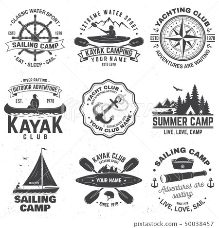 Set of sailing camp, canoe and kayak club badges. Vector. Concept for shirt, print, stamp or tee 50038457