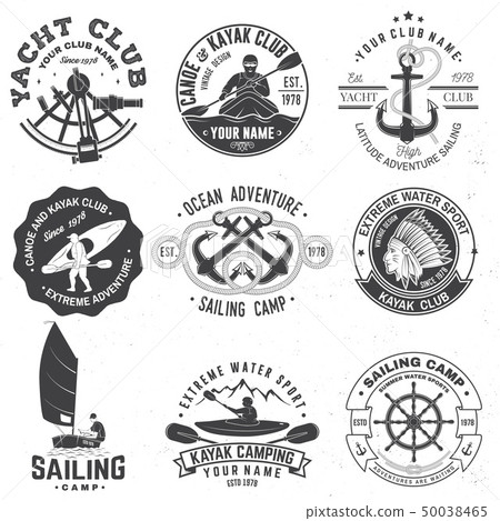 Set of canoe, kayak, fishing and camping club badge. Vector