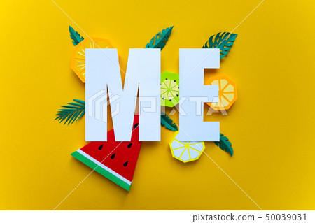 letter me cut from paper with tropical fruit paper 50039031