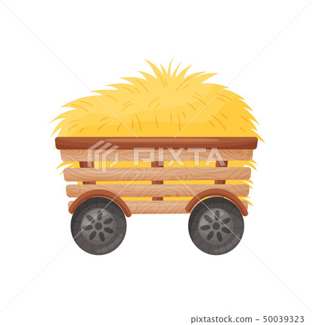 Wooden four-wheel cart with hay. Vector illustration 50039323