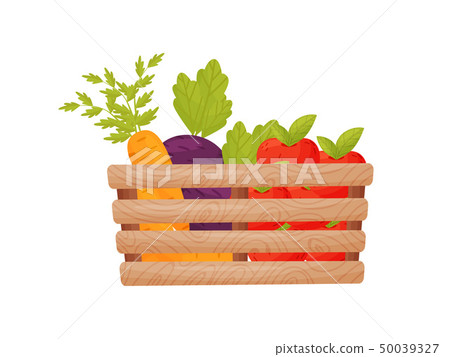 Wooden box with vegetables and fruits. Vector... - Stock Illustration ...