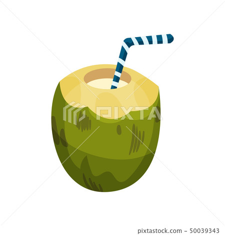 Drink with a straw in half green coconut. Vector illustration. 50039343