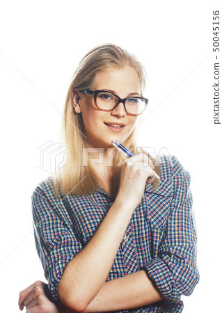 young pretty student modern blond girl in glasses posing emotional happy smiling isolated on white 50045156
