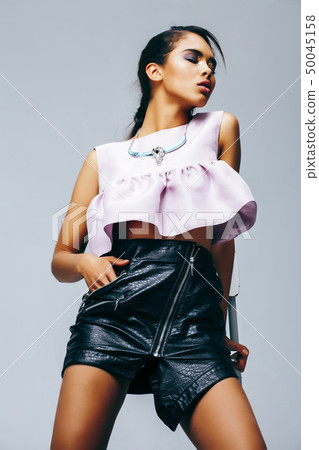 young beauty african american sensual woman with fashion make up, emotional face closeup copyspace 50045158