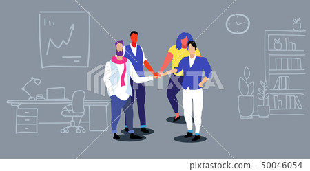 businesspeople group collaborating holding pile hands team spirit concept business people standing 50046054